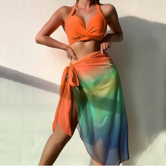 Other - NWOT 3 Piece Tropical Vibrant Bikini swimsuit with Wrap Skirt